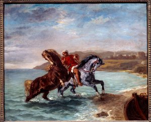 Denizden çıkan atlar. Eugene Delacroix (1798-1863) tarafından yapılan boyama by Ferdinand Victor Eugene Delacroix