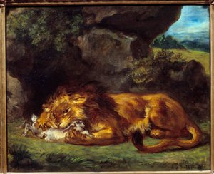 Aslan tavşanı dövüyor. Eugene Delacroix (1798-1863) tarafından yapılan boyama by Ferdinand Victor Eugene Delacroix