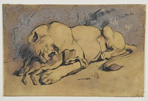 Tavşan yiyen dişi aslan (kahverengi kağıt üzerinde kırmızımsı lekeli kalem ve mürekkep) by Ferdinand Victor Eugene Delacroix