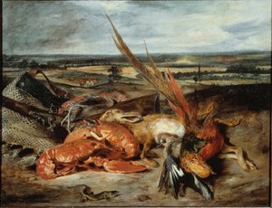 Istakoz ve avcılık ve balıkçılık kupaları ile natürmort - tuval üzerine yağlıboya by Ferdinand Victor Eugene Delacroix