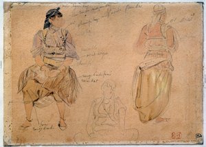 Arap Kadınları Çalışmaları Eugene Delacroix (1798-1863) 1832 Paris, Louvre Müzesi tarafından suluboya vurgularıyla kurşun madeni çizimi by Ferdinand Victor Eugene Delacroix