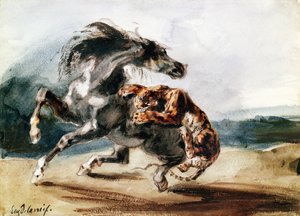 Vahşi Ata Saldıran Kaplan (kalem ve mürekkep ve kağıt üzerine sulu boya) by Ferdinand Victor Eugene Delacroix