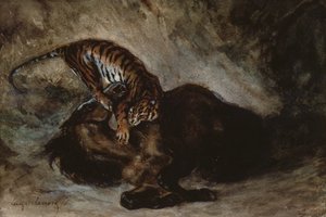 Bir ata saldıran kaplan (kağıt üzerinde wc) by Ferdinand Victor Eugene Delacroix