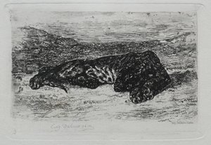 Çölde yatan kaplan. by Ferdinand Victor Eugene Delacroix
