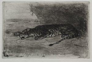 İninin girişinde yatan kaplan. by Ferdinand Victor Eugene Delacroix
