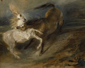Fırtınalı bir manzarada dövüşen iki at, 1828 dolayları by Ferdinand Victor Eugene Delacroix