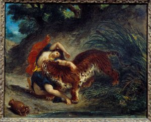 Genç bir kadın bir kaplan tarafından götürüldü ya da bir kaplan tarafından ısırılan Kızılderili. Eugene Delacroix (1798-1863) tarafından yapılan boyama by Ferdinand Victor Eugene Delacroix