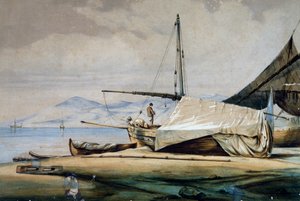 Leudi, Ligurya balıkçı teknesi, Ferdinand Perrot tarafından renkli litografi