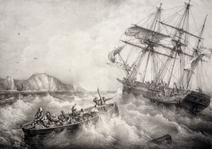 İsveç gemisi Le Neptune tarafından Breton balıkçı teknesinin mürettebatının kurtarılması, Ferdinand Perrot tarafından Lithograph