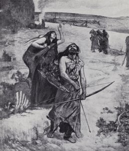 Buz Devri adamı ok ve yay ile avlanmayı öğreniyor (lito) by Fernand (after) Cormon