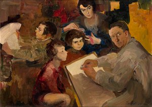 Aile ile Otoportre - Tablo Filip Andreyevich Maliavin (Maliavine) (veya Andreyevich Malyavin) (1869-1940), tuval üzerine yağlı boya (46.5x64,5 cm), Rus sanatı, 19. yüzyıl sonu - 20. yüzyıl başı - Özel koleksiyon