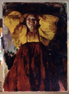 Sarılı Kadın. Geleneksel bir elbise giyen, ellerini başının arkasında tutan neşeli bir kadının portresi. Filipp Andreevich Maliavin (Maliavine) (veya Andreyevich Malyavin) (1869-1940) tarafından yapılan boyama, tuval üzerine yağlı boya