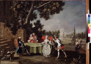 ""Kart Partisi"" Bir bahçede oynayan İtalyan soyluları grubu. Filippo Falciatore (1718-1768) tarafından yapılan boyama 18. yüzyıl Puşkin Müzesi, Moskova