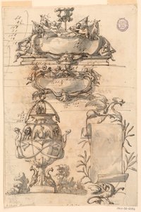 Çizim, İki rozet, dekoratif vazo ve bir parşömen, 1750-75 by Filippo Marchionni