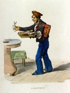 Napoli'deki cesur tüccarlar (küçük tüccarlar). Bu sokak satıcıları kozmetik ürünleri sunuyordu. - F. Palizza'nın bir tablosundan sonra renkli bakır gravür (Francesco de Bourcard'ın "Costumi del regno" adlı eserinden).﻿ by Filippo Palizzi