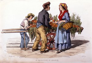 Napoli şehrinden Kleingewerbe: yürüyen portakal satıcısı. F. Palizza'nın bir tablosundan sonra gravür. Francesco de Bourcard'ın bir çalışmasından “” Costumi del regno di Napoli”” by Filippo Palizzi