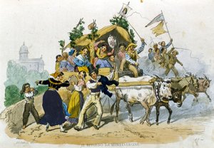 Napolililer, Montevergine gezisinden neşeyle dönüyorlar. De Bourcard'ın “Costumi del regno di Napoli” adlı eserinden F. Palizzi'nin çizimi by Filippo Palizzi