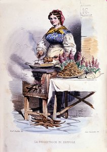 Napoli şehrinin küçük işletmesi: zeppolle'nin yürüyen pazarlamacısı, Napoli'nin özel pastanesi. F. Palizza'nın bir tablosundan sonra gravür. Francesco de Bourcard'ın bir çalışmasından “” Costumi del regno di Napoli”” by Filippo Palizzi