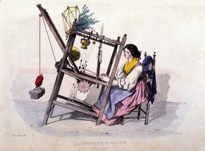 Napoli krallığının küçük işletmesi: Sorrento'dan kurdeleler dokuyan genç bir kadın. F. Palizza'nın bir tablosundan sonra gravür. Francesco de Bourcard'ın bir çalışmasından “” Costumi del regno di Napoli”” by Filippo Palizzi