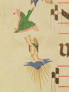 Missal 515 f.13v Dekoratif bir bordürden uçan bir kuşu yakalamaya çalışan pelerinli bir melek, 1449