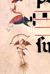Missal 515 f.5r Yay ve görünmez okla bir leylek vuran bir Cherub, 1449