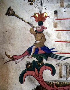 Missal 515 f.9r Koşumlu bir kuşa monte edilmiş bir boynuz üfleyen figür, 1449