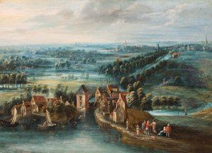 Nehir kenarında bir köy ve ön planda figürlerin yer aldığı geniş bir manzara by Flemish School