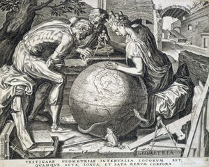 Comppas (geometri alegorisi) ile dünyanın üzerine eğilen karakterler - gravür, Flanders by Flemish School
