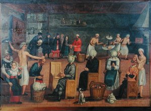 Kafaları kesmek ve kafaları lahanalarla değiştirmek: kafaları pişirmek ve üzerlerine makyaj yapmak (tuval üzerine yağlı boya) by Flemish School