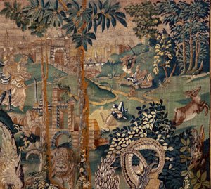 Flaman halısı. 2 sütunlu, pergola ve büyük hayvanlarla manzara. Oudenaarde Atölyesi. 319x508cm. Env 0023. 17. yüzyıl. by Flemish School