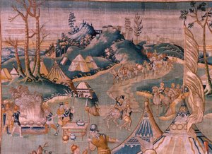 Flaman halısı. Granikos Nehri yakınında askeri kamp. Oudenaarde Atölyesi. 377x393cm. Env 83104-9 /00011. 17. yüzyıl. by Flemish School
