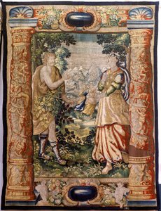 Flaman halısı. Seri Cesaret (Galante). Cesur sahne (Escena galante). Brüksel üretimi, 17. yüzyılın başlarında. Kumaş İpek ve yün, cm başına 5/6 çözgü. Boyut 348 x 263 cm. Konum San Millán de la Cogolla Kilisesi, Oncala (Soria). Kökeni A bağış by Flemish School