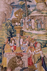 Flaman halısı. Seri The Apocalypse: Aziz Michael ejderhayı yenerken. Atelier Willem Dermoyen, Brüksel. Yaklaşık 1553-1555. Detay. by Flemish School