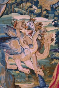Flaman halısı. Seri The Apocalypse: Aziz Michael ejderhayı yenerken. Atelier Willem Dermoyen, Brüksel. Yaklaşık 1553-1555. Detay. by Flemish School