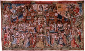 Flaman halısı. Seri Onur. Erdem (La Virtu, El Vicio). Serideki sekizinci goblen. Bernard van Orley ve Jan Gossaert (Mabuse) çevresinden Model Karikatürcüler. Pieter van Aelst, Brüksel imalatı. Ca 1550. Kumaş Altın, gümüş, ipek a by Flemish School