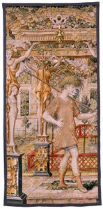 Flaman halısı. Vertumnus ve Pomona Serisi. Çiftçiye dönüşen No II Vertumnus (Vertumno y Pomona II Vertumno transformado en agricultor) no1 sol kısım. Modeller Çemberi Pieter Coecke Van Aelst ve Léonard Thiry. Atölye bilinmiyor, Brüksel. Altın, by Flemish School