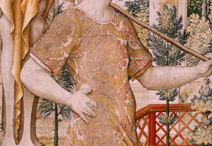 Flaman halısı. Vertumnus ve Pomona Serisi. Çiftçiye dönüşen No II Vertumnus (Vertumno y Pomona II Vertumno transformado en agricultor) no1 sol kısım. Modeller Çemberi Pieter Coecke Van Aelst ve Léonard Thiry. Atölye bilinmiyor, Brüksel. Altın, by Flemish School