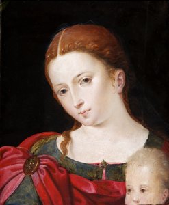 Mavi elbise üzerine kırmızı pelerinli bir kızın başı ve omuzları, c.1550 (panel üzeri yağlı boya, meşe) by Flemish School