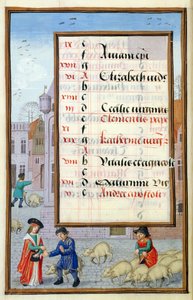 Ms 1058-1975 f11v Pazarda Domuz Satışı, bir Saatler Kitabından Kasım ayı için ışıklı takvim sayfası, c.1500 by Flemish School