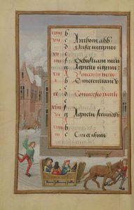 Ms 1058-1975 f1v Karda Sokak Manzarası, Ocak ayı için aydınlatılmış takvim sayfası, bir Saatler Kitabından, c.1500 by Flemish School