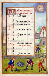 Ms 1058-1975 f3r Kazma ve Ağaç Dikme, Saatler Kitabından Mart ayı için ışıklı takvim sayfası, c.1500 by Flemish School