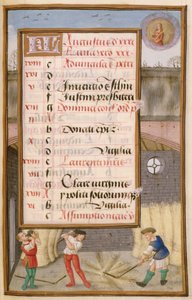 Ms 1058-1975 f8r Ahırda Mısır Harmanı, Ağustos ayı için aydınlatılmış takvim sayfası, Saatler Kitabından, c.1500 by Flemish School