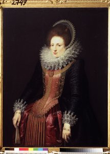 "" Yelpazeli bir bayanın portresi" (yelpazeli bir bayanın portresi) bir fırfır ve işlemeli bir elbise giyen varlıklı bayan. 1610 civarında Flaman okulunun resmi. Puşkin Müzesi, Moskova by Flemish School