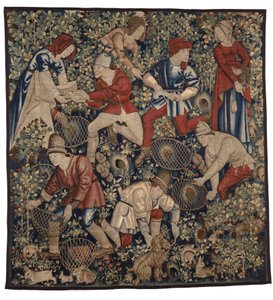 Gelinciklerle tavşan avlayan köylüleri tasvir eden goblen, Tournai, 1450-75 dolayları (yün) by Flemish School