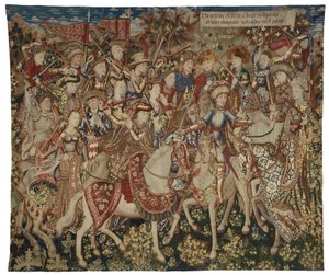 Muhtemelen Tournai'de yapılmış, Olimpos Dağı'nda Herkül ve Arkadaşlarını gösteren goblen, c.1465-70 (yün ve ipek) by Flemish School