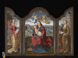 Bakire ve Çocuk, Aziz Barbara ve Aziz Catherine ile Üç Parçalı (ahşap üzerine yağlıboya) by Flemish School