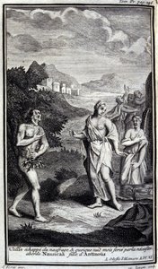 Ulysses gemi enkazından kaçar ve çıplak olmasına rağmen zorunlu olarak Antinous