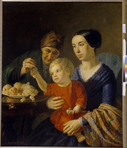Aile portresi. Annesinin kucağında çıngırak tutan bir bebek, büyükannesinin verdiği üzümleri alır. Foma Gavrilovich Toropov (1821-1898), tuval üzerine yağlı boya by Foma Gavrilovich Toropov