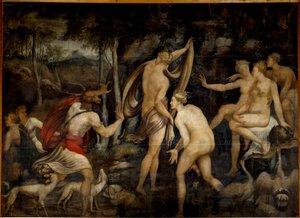 Av tanrıçası Diane (Artemis) ve Acteon, Fontainebleau Okulu'nun (16. yüzyıl) avcı resmi. Karartma 2,65 x 3,67 m