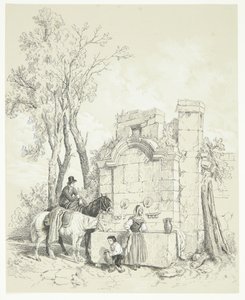 Bir adam kuyu başında atları seyrederken, bir kadın su alıyor ve bir oğlan ona yardım ediyor. by Fortuné Ferogio